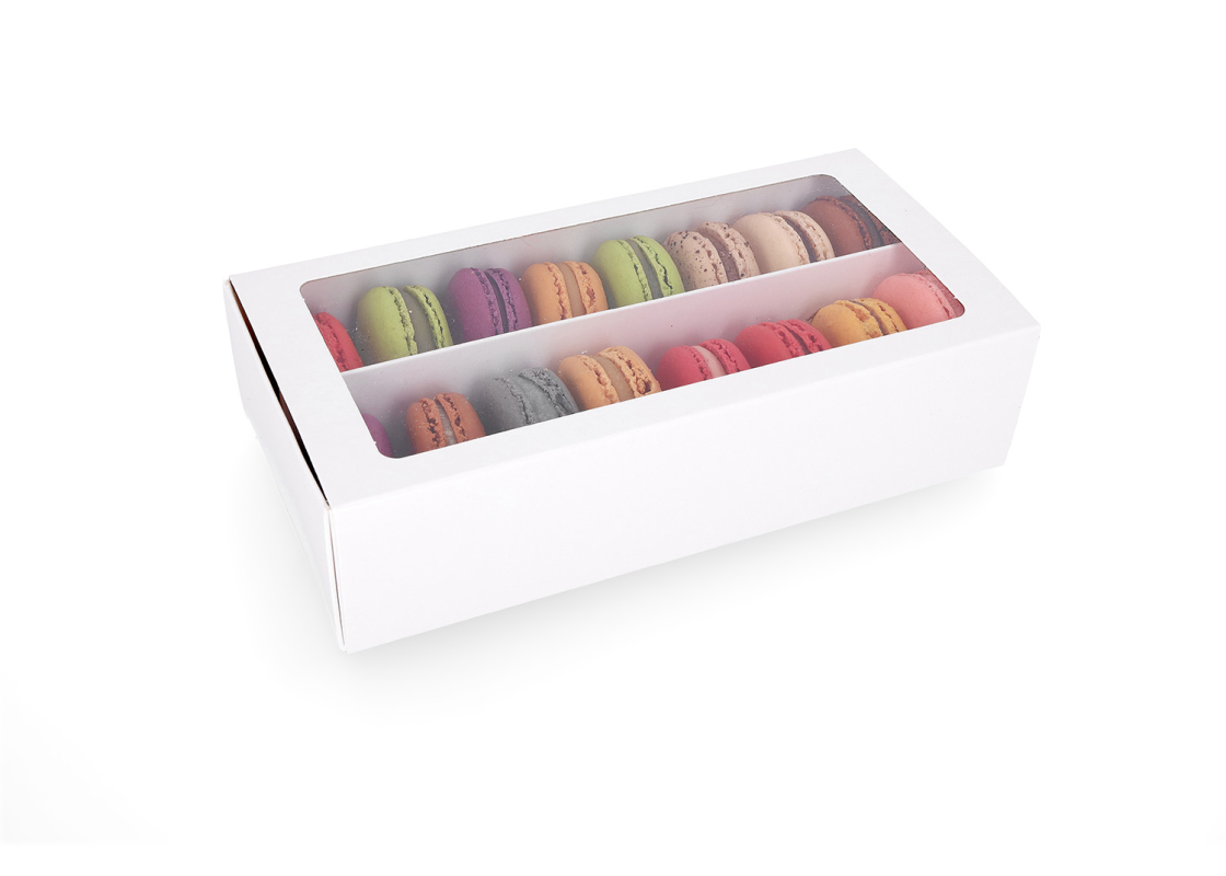 MAC-2L/B: 200 x 100 x 50 mm, Baltos spalvos dėžė saldainiams ir macarons sausainiams su skaidriu langeliu (10vnt) 1