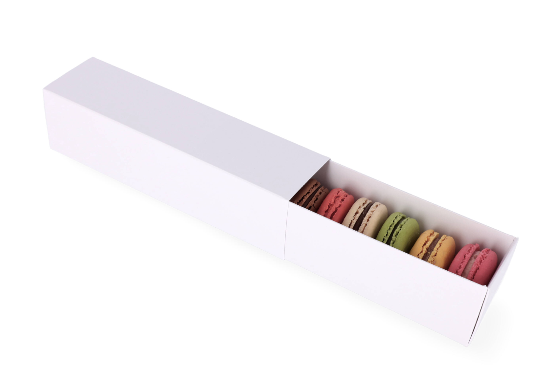 MAC-1/B: 200 x 50 x 50 mm Baltos spalvos dėžė saldainiams ir macarons sausainiams (10vnt) 1